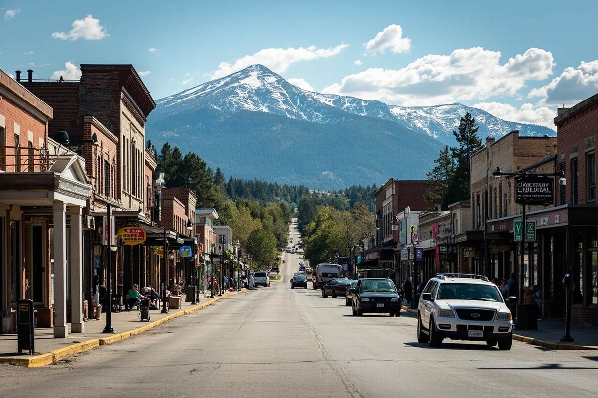 Main Street in a small Montana town with historic storefronts and mountain backdrop
