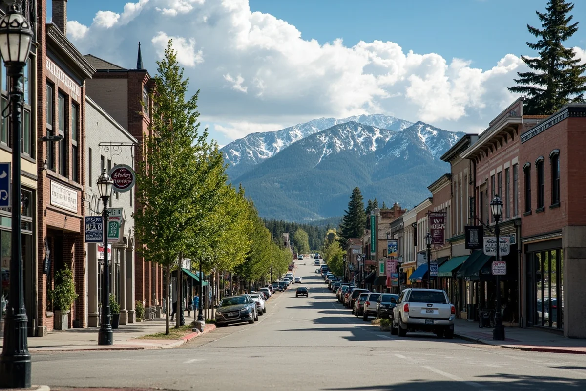 Main Street in Whitefish with shops, restaurants, and mountain views in the background