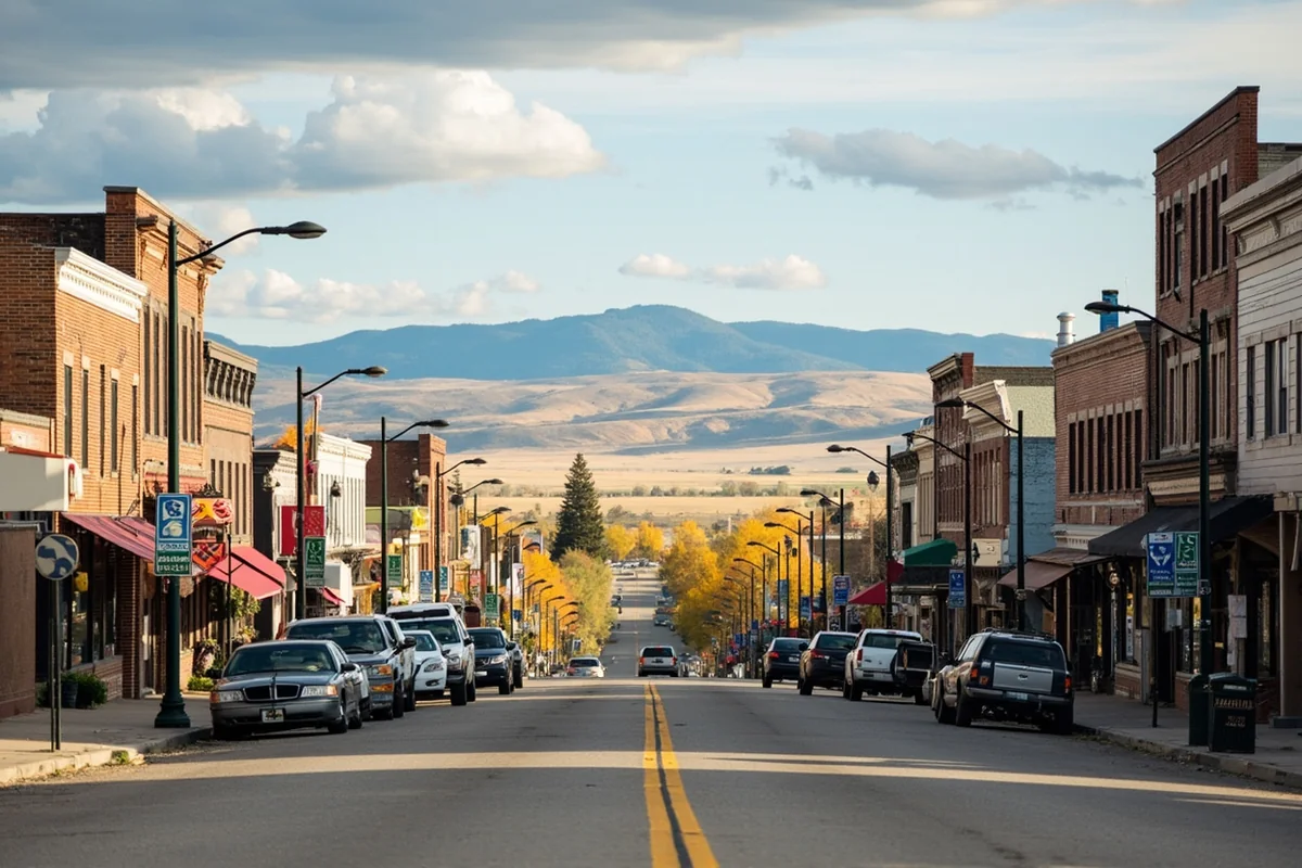 Main street of Jordan, Montana with prairie landscape visible beyond town limits
