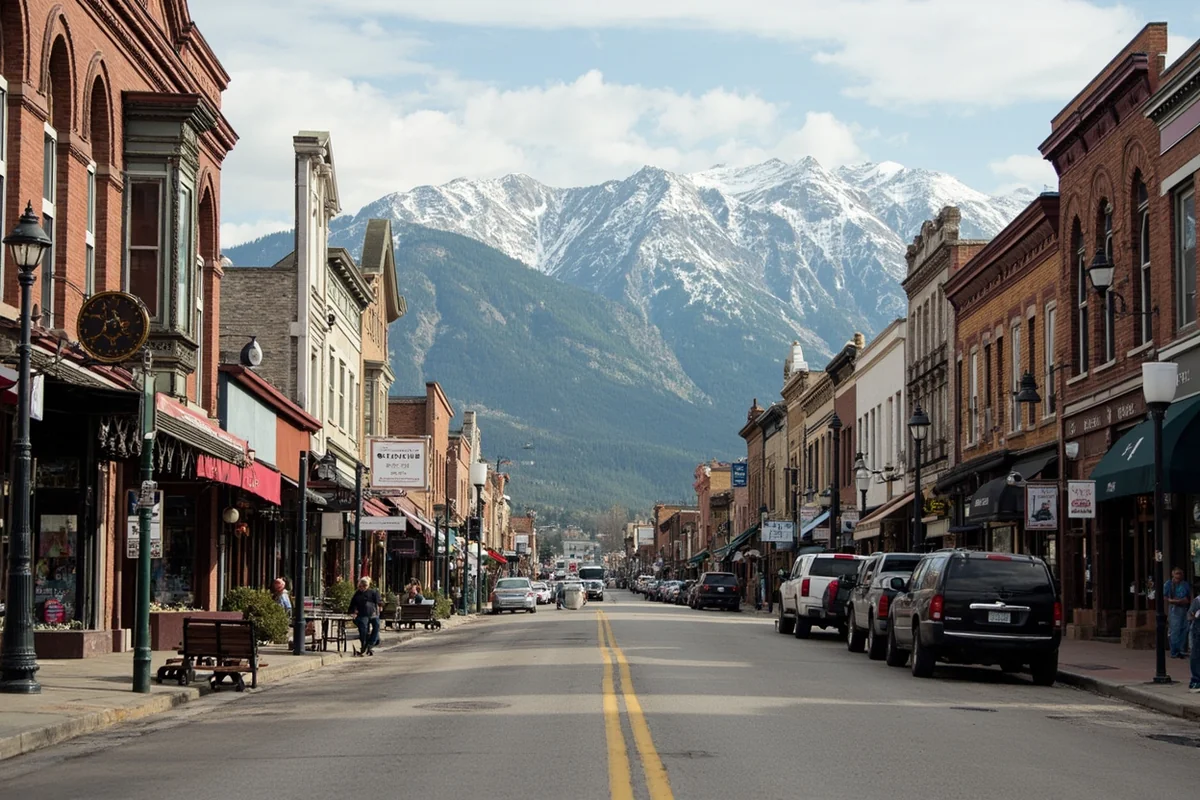Main street scene in downtown Choteau with historic buildings and mountain backdrop