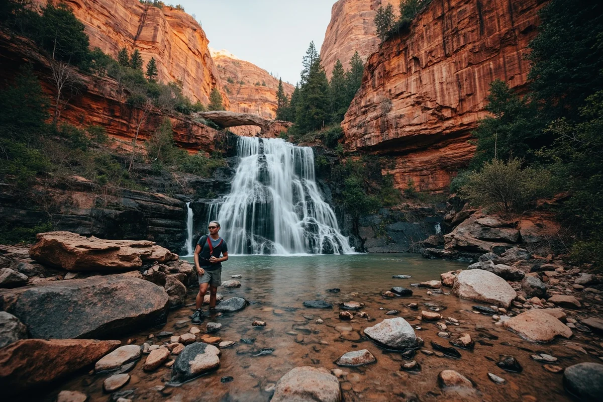 Main viewpoint of Redrock Falls with hiker for scale