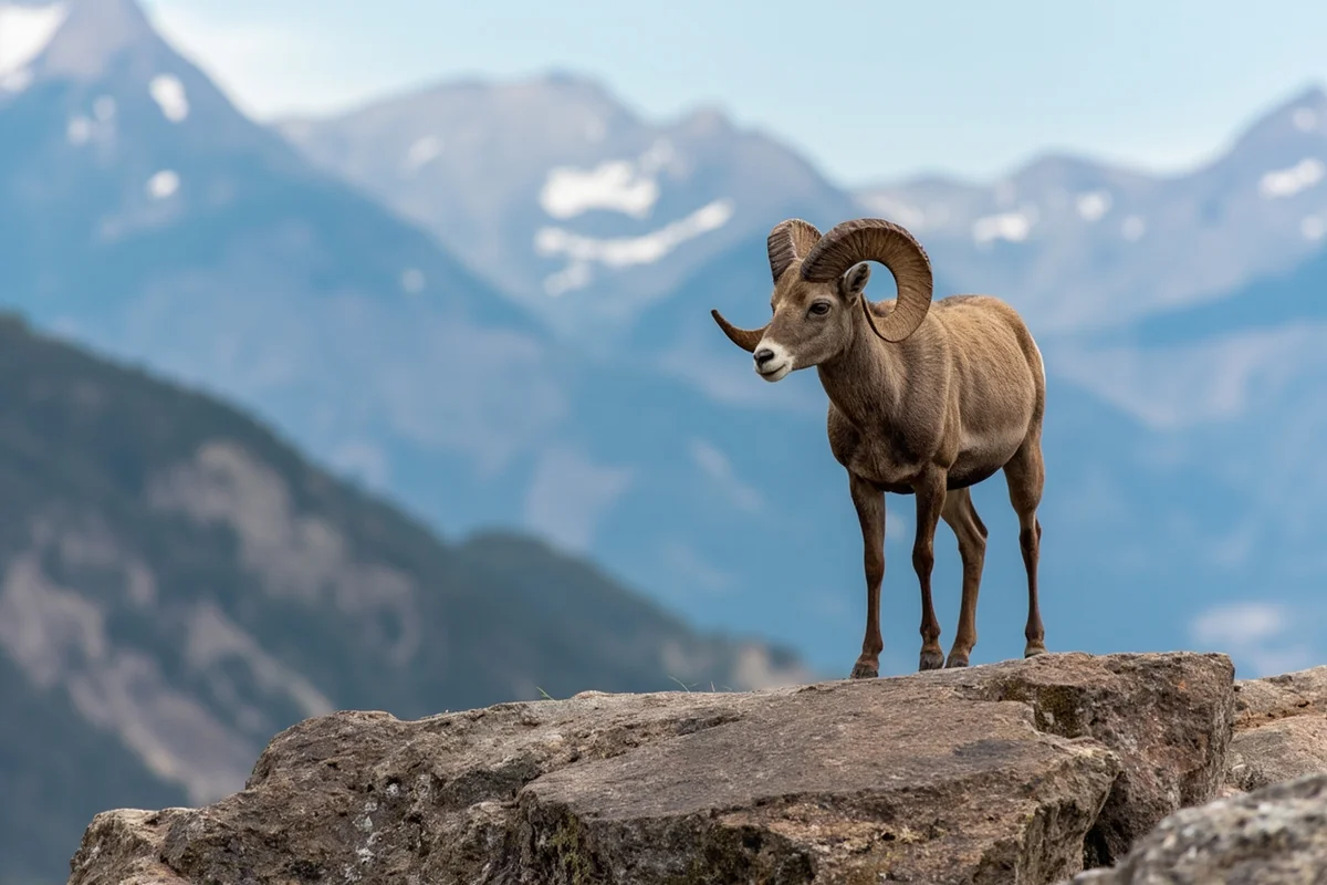 Majestic bighorn ram standing on rocky outcrop in Montana's Absaroka-Beartooth Wilderness