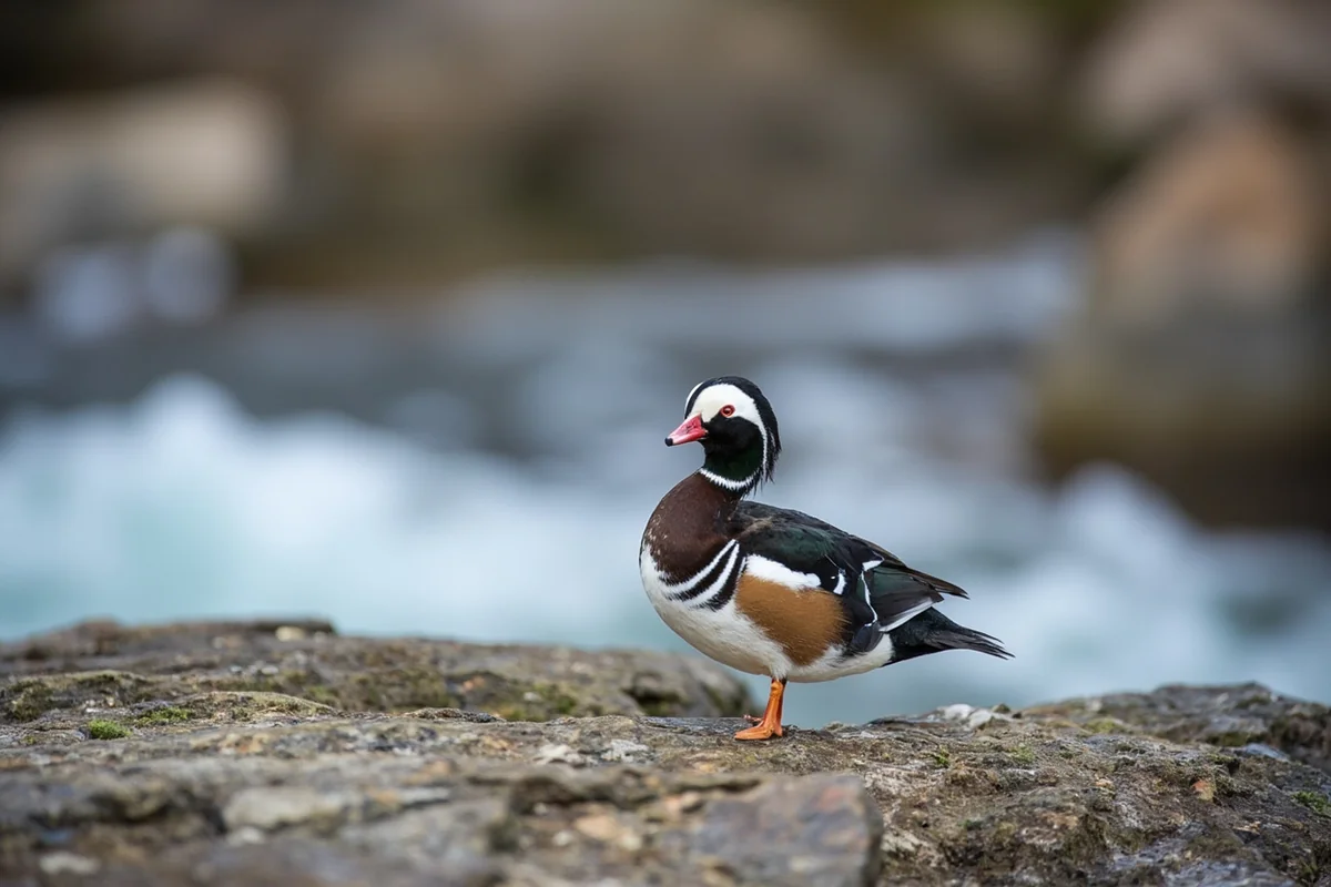 Male Harlequin Duck on a rocky mountain stream with whitewater