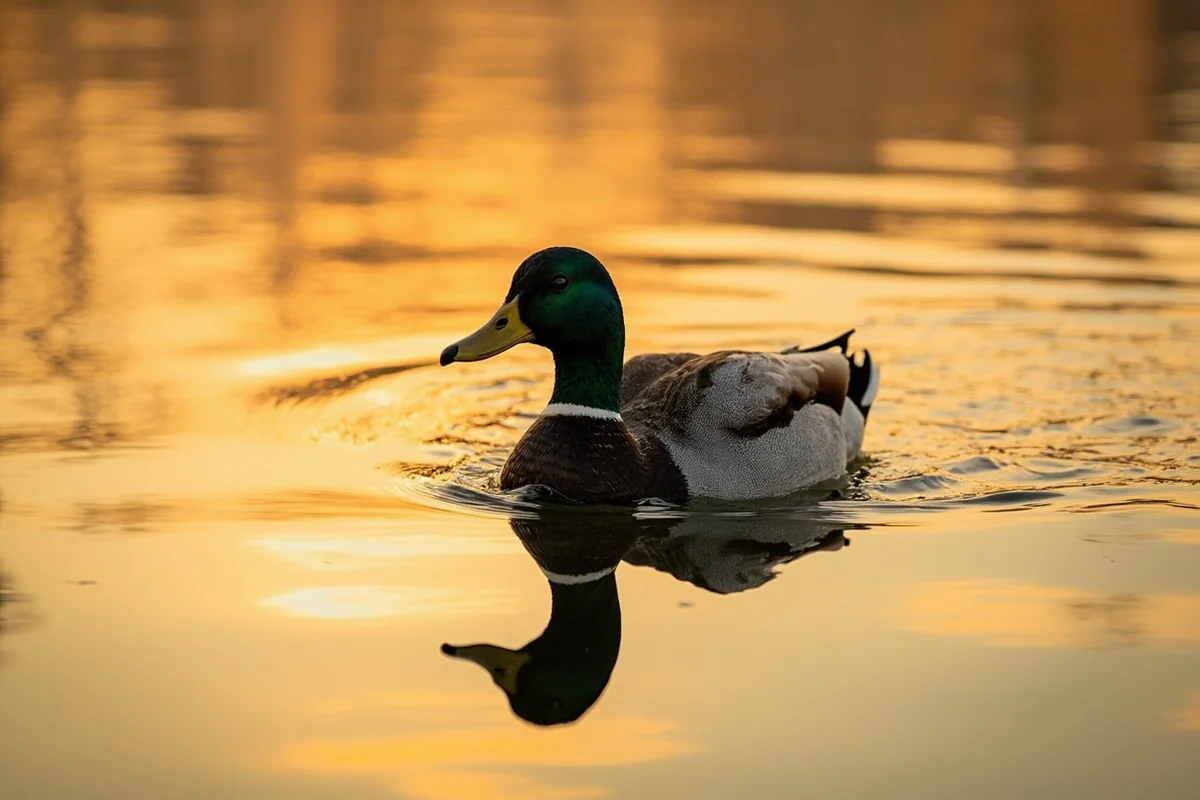 Male Mallard swimming in golden morning light with reflection visible