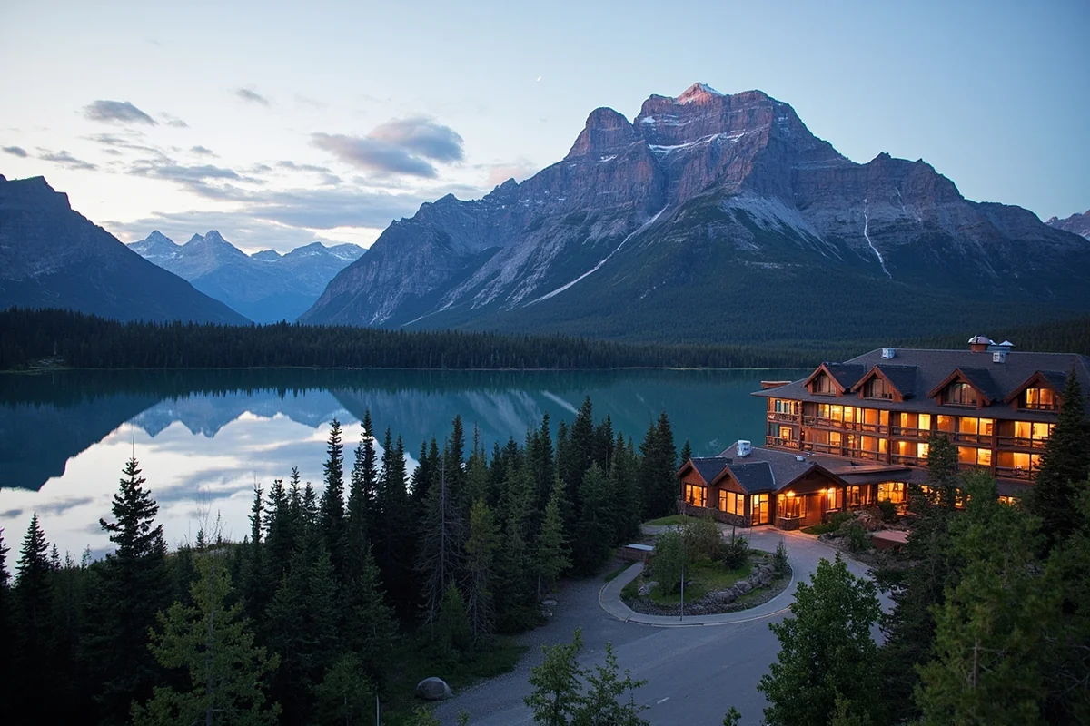 Many Glacier Hotel with Swiftcurrent Lake and Grinnell Point mountain in the background, early morning light
