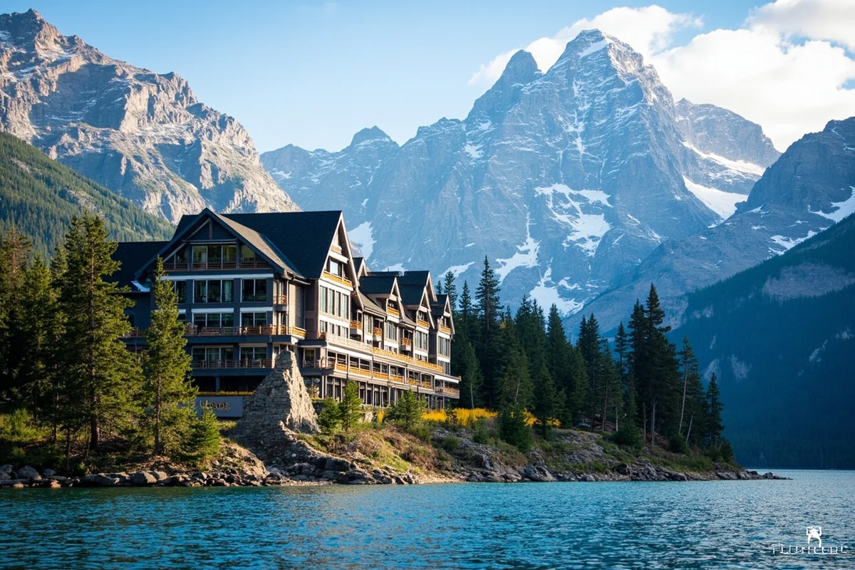 Many Glacier Hotel with Swiftcurrent Lake and mountain backdrop