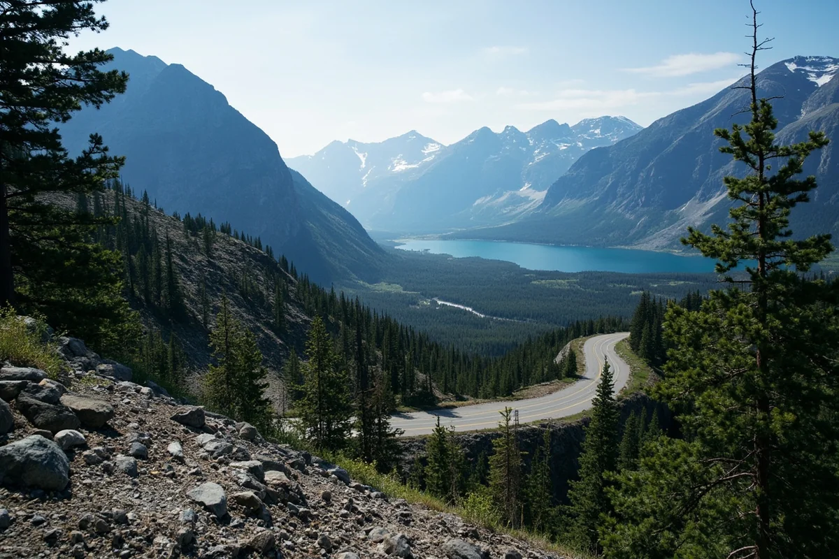Many Glacier Road winding through mountains with Swiftcurrent Lake visible in the distance
