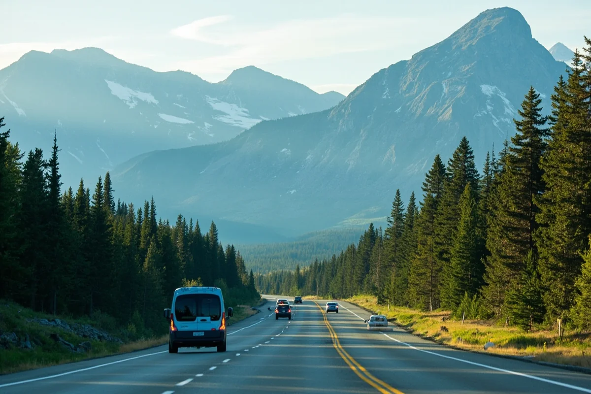 Many Glacier Road with mountain views and typical morning traffic
