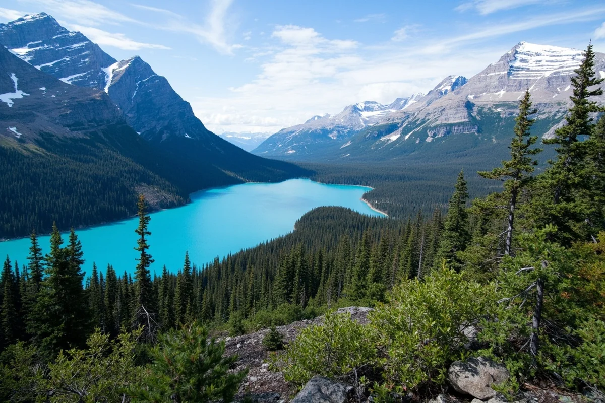 Many Glacier Valley panoramic view with Swiftcurrent Lake and mountain backdrop