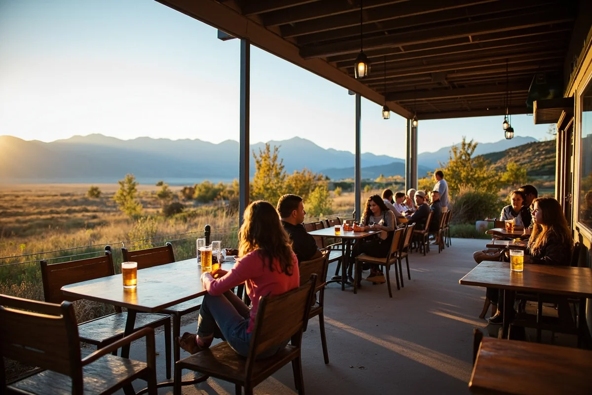 MAP Brewing's outdoor patio with views of the Bridger Mountains and families enjoying beers