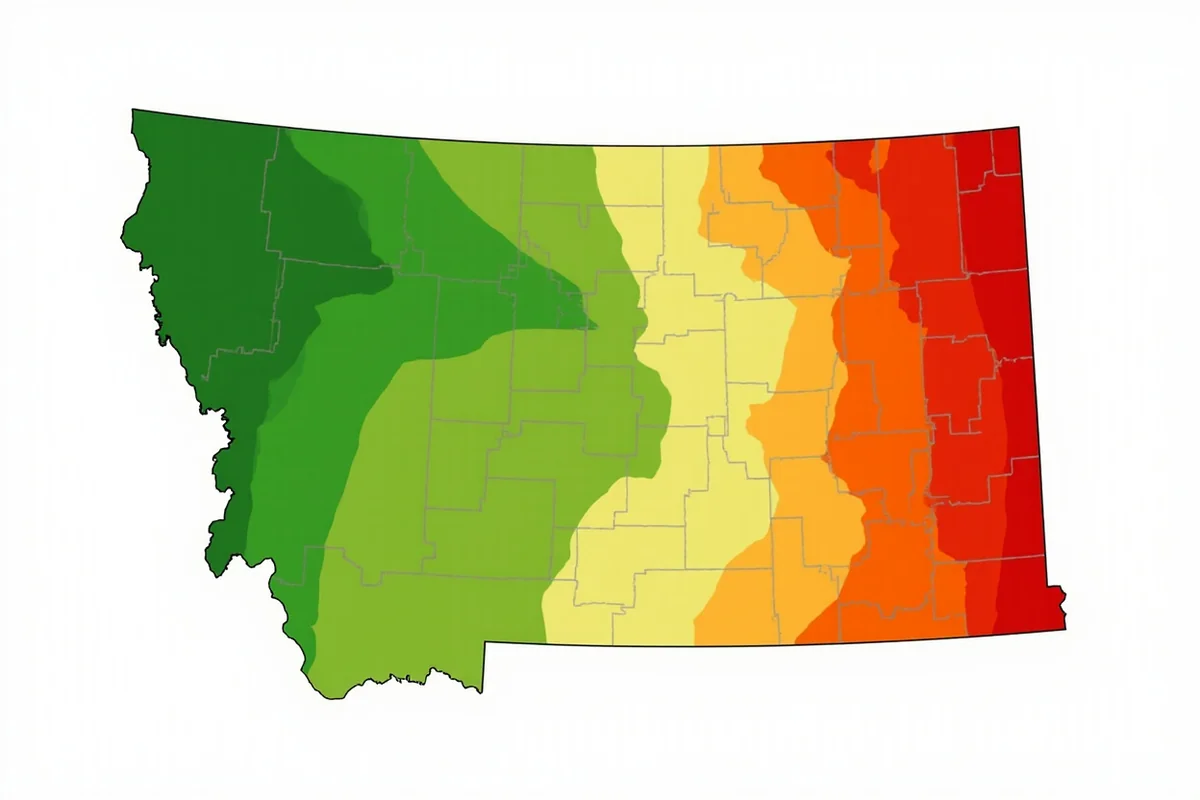 Map of Montana showing wind zones from least windy (green) to most windy (red)