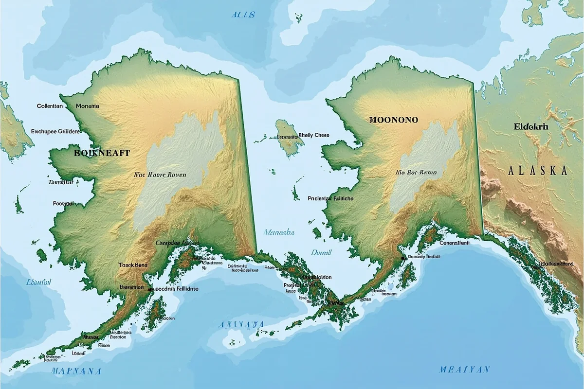 Map overlay showing size comparison between Montana and Alaska with major landmarks marked