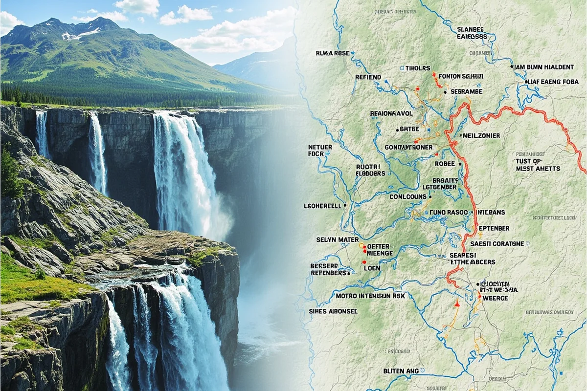 Map overview of eastern Glacier National Park highlighting waterfall locations