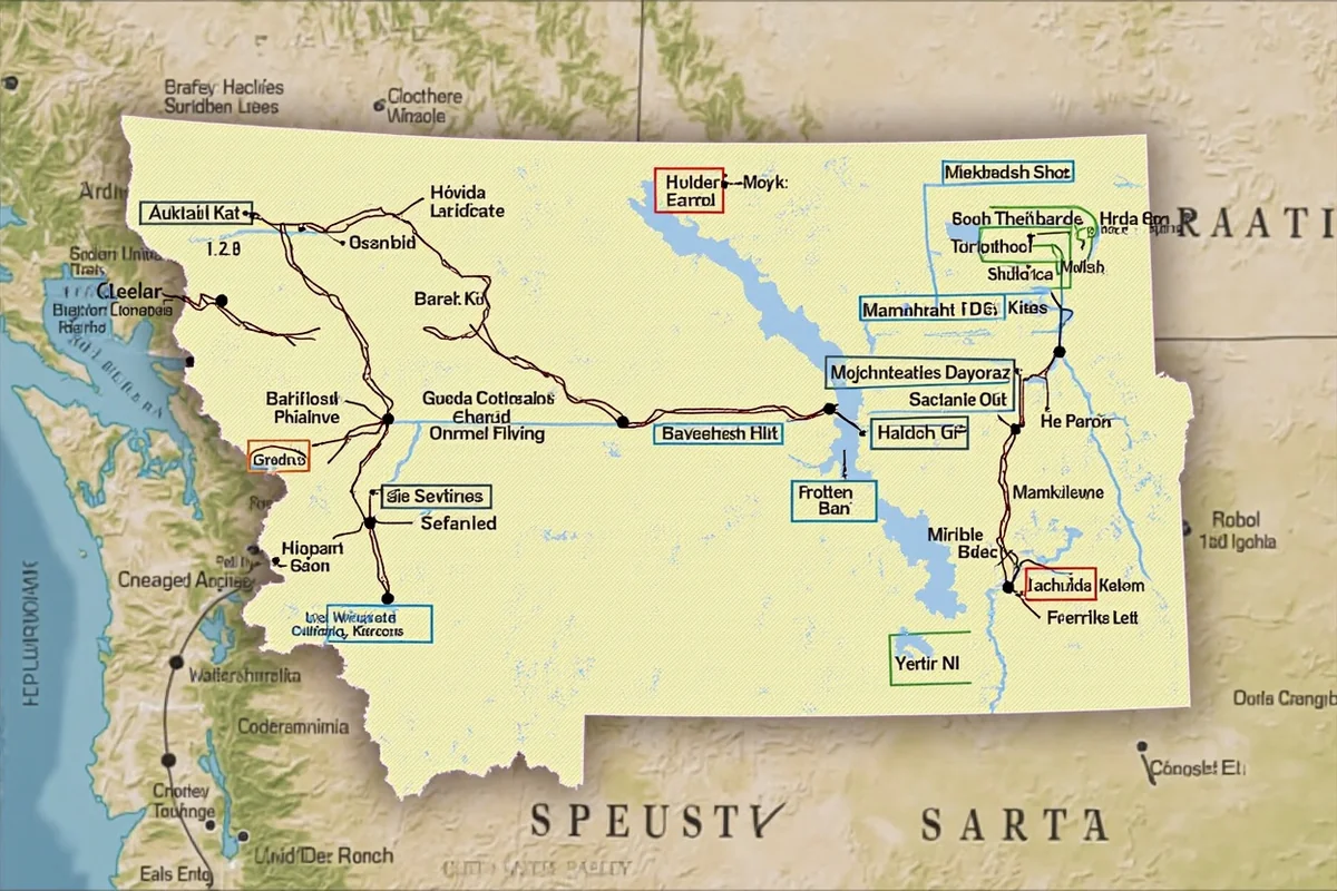 Map showing major Montana filming locations with driving distances between key sites