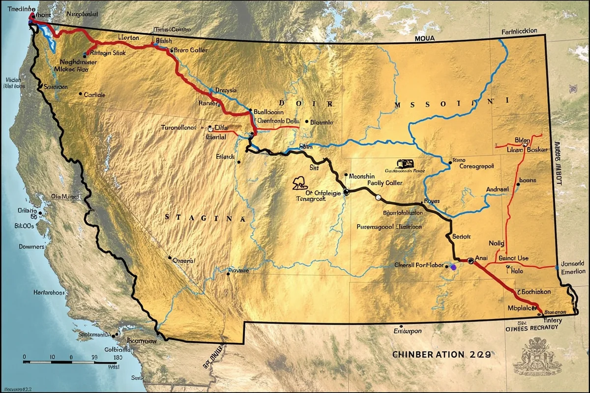 Map showing Montana gold rush sites with driving routes between major destinations