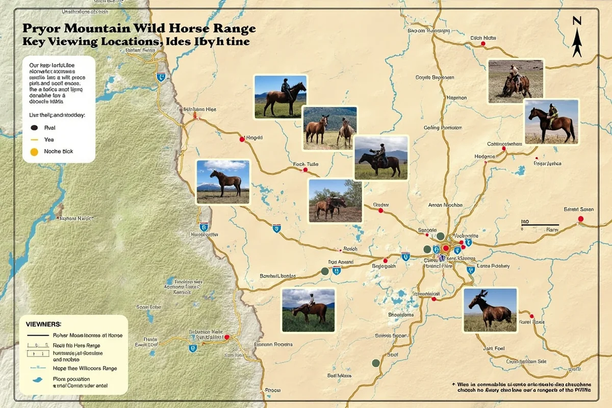 Map showing the Pryor Mountain Wild Horse Range with key viewing locations marked