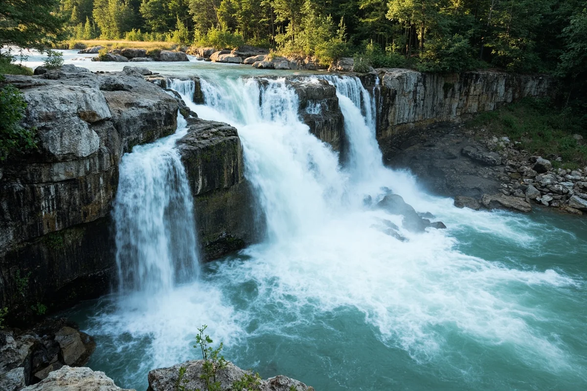 Martin Falls during summer months showing detailed rock formations with moderate water flow
