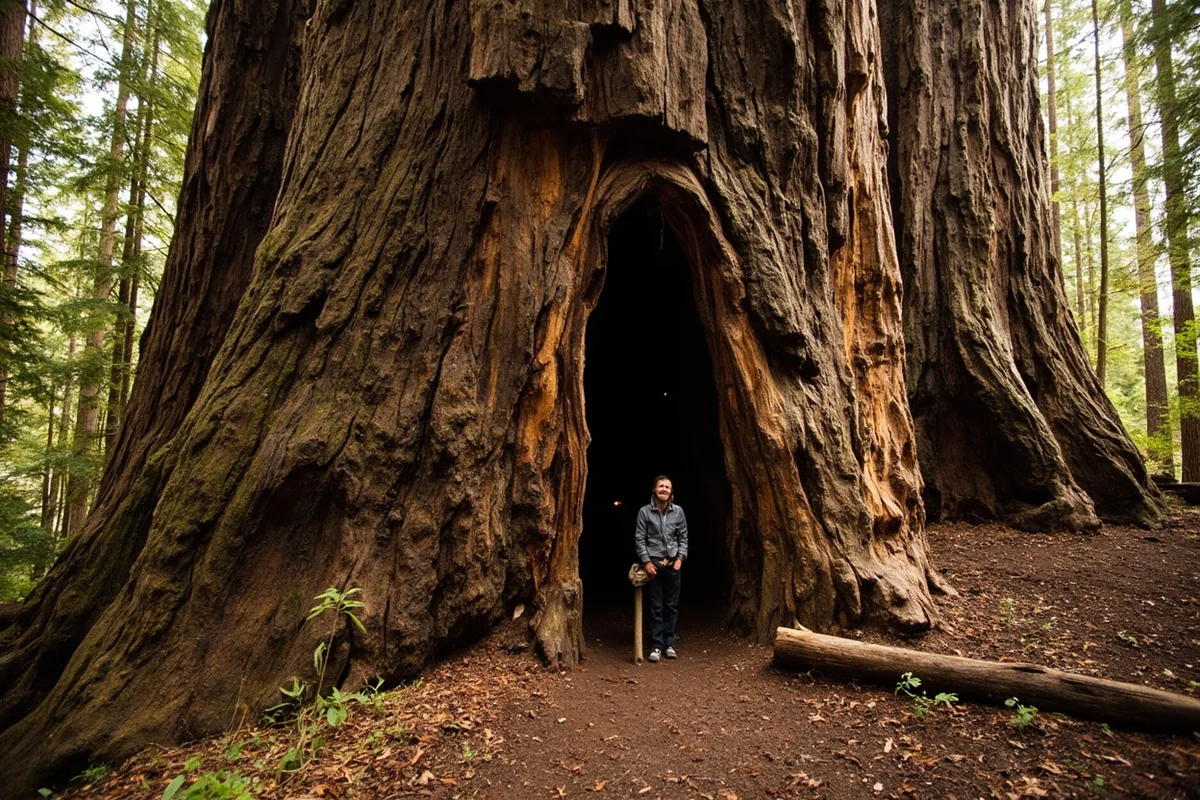 Massive ancient cedar tree in Ross Creek Giant Cedars with person for scale