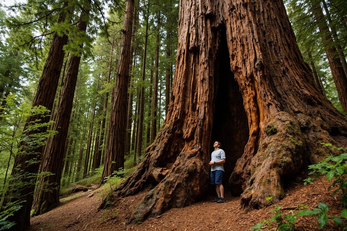Massive trunk of old-growth western red cedar at Ross Creek Cedars with person for scale