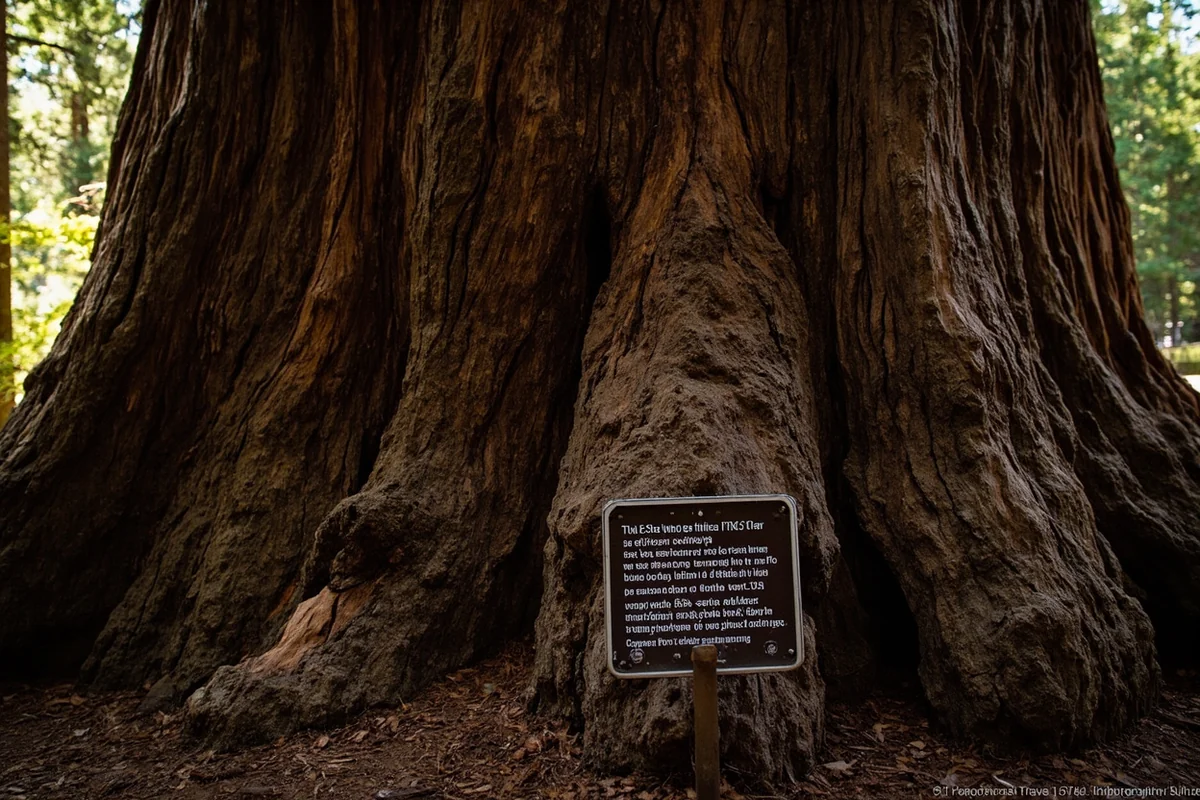 Massive Western Red Cedar trunk with interpretive sign showing the tree's estimated age and dimensions