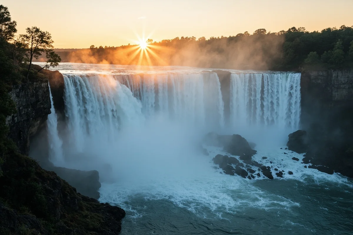 McDonald Falls in soft morning light with mist rising from the cascade