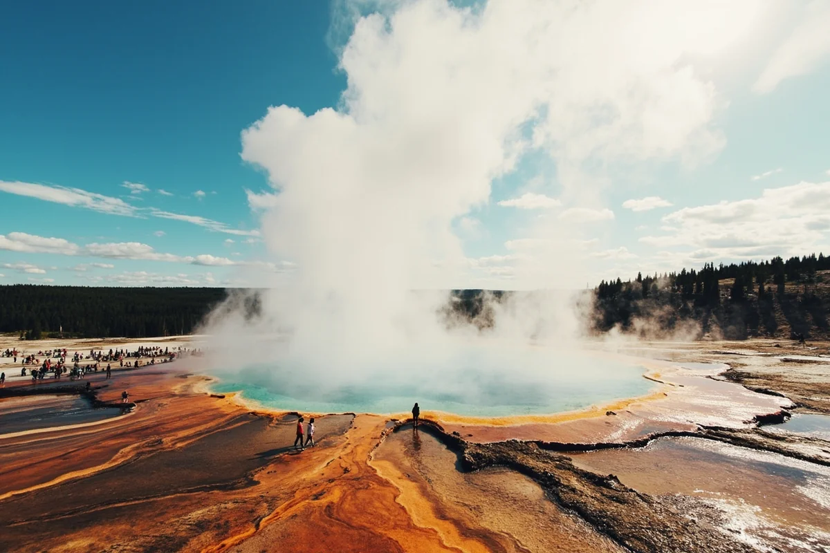 Memorial Day weekend crowds at Old Faithful with visitors gathered around the geyser basin