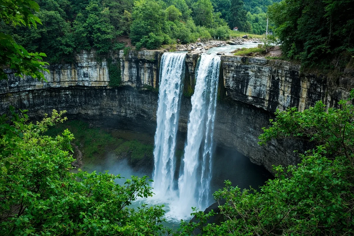 Memorial Falls cascading down rocky cliff face with lush green vegetation surrounding it