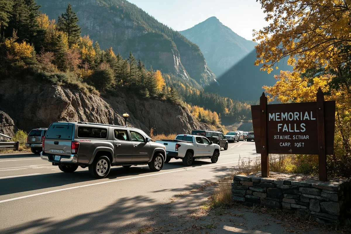 Memorial Falls trailhead sign and parking area with several vehicles