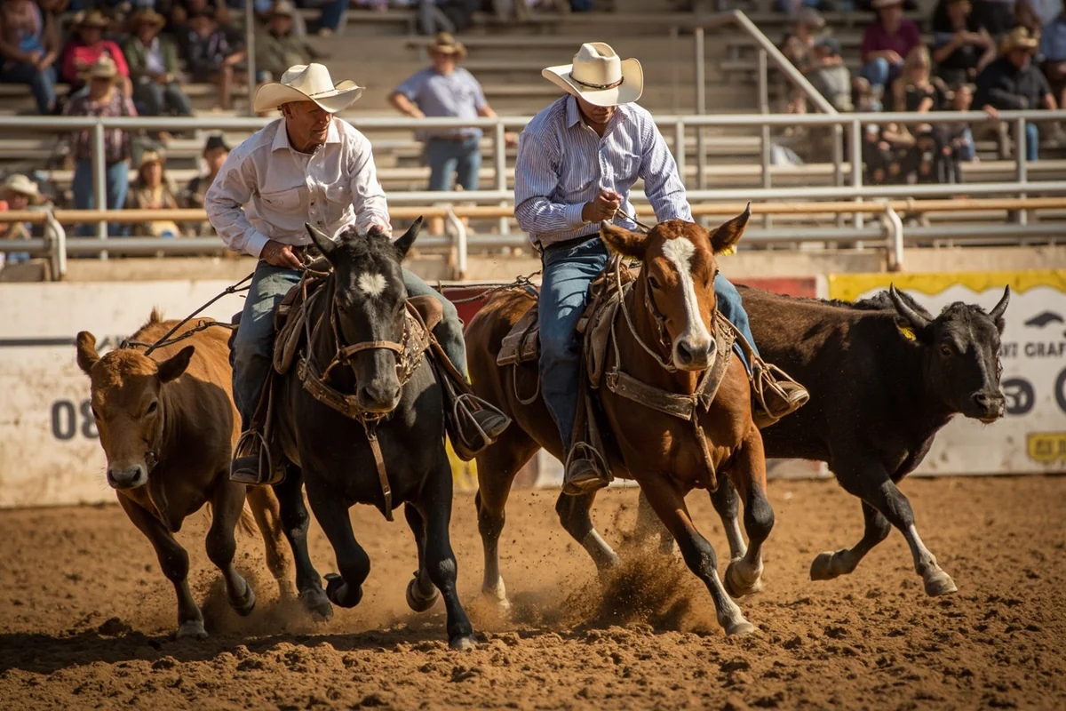 Men practicing team penning with cattle in ranch arena
