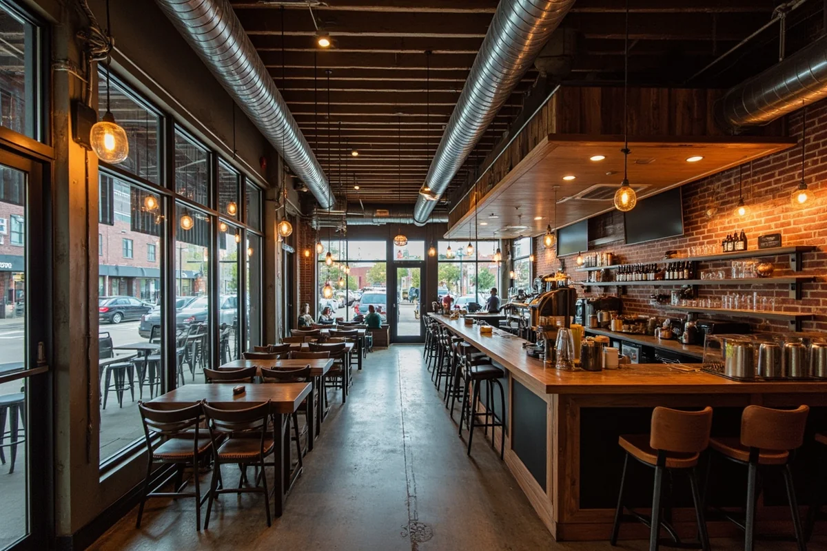 Mighty Mo Brewing Company interior showing industrial-chic design and coffee bar