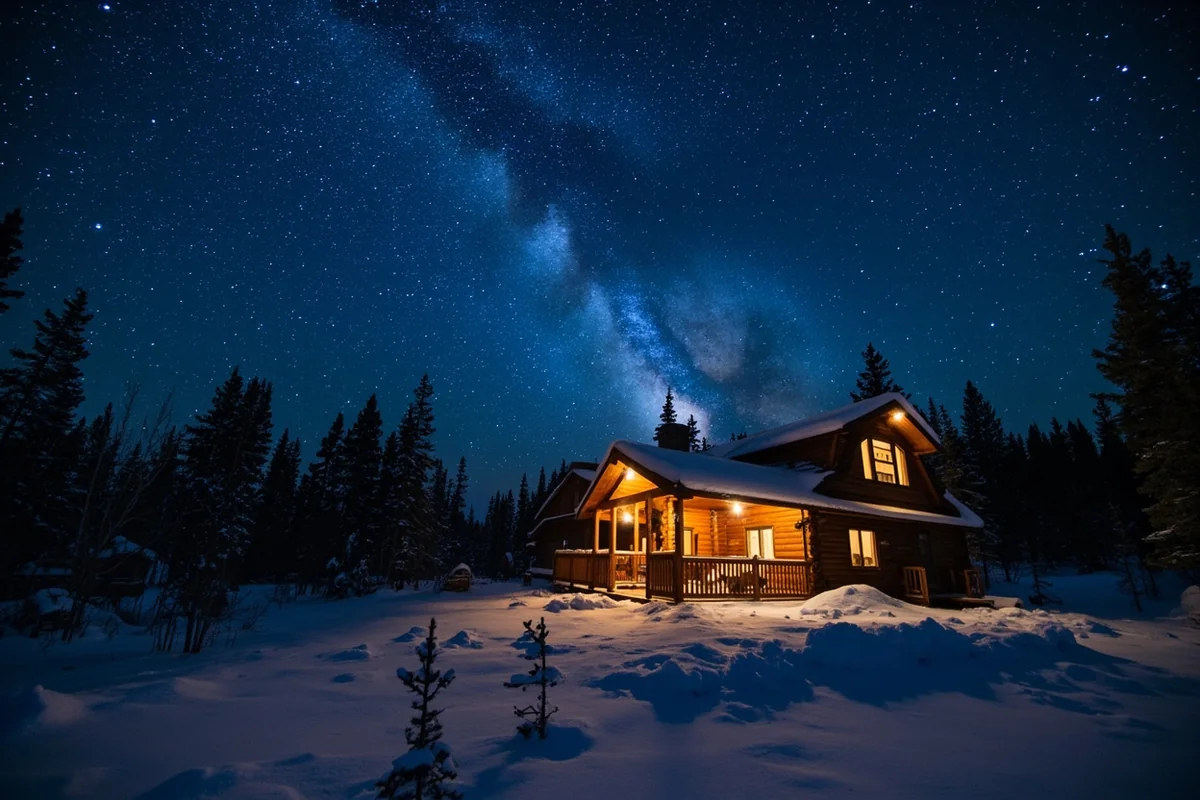 Milky Way night sky visible over a warmly lit Montana cabin surrounded by fresh snow