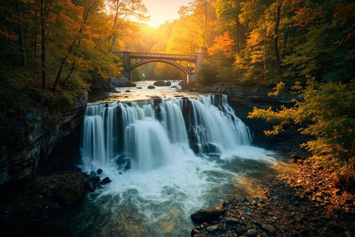 Mill Falls in golden late afternoon light with forest surroundings