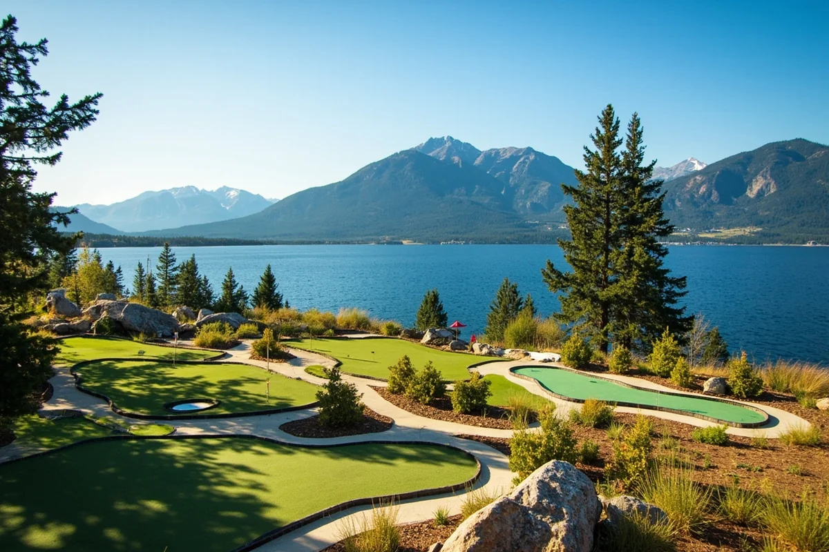 Mini golf course overlooking Flathead Lake with mountain backdrop