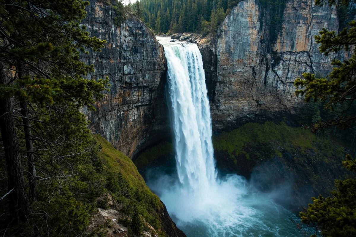 Mission Falls cascading down rocky cliff face with evergreen trees framing the scene