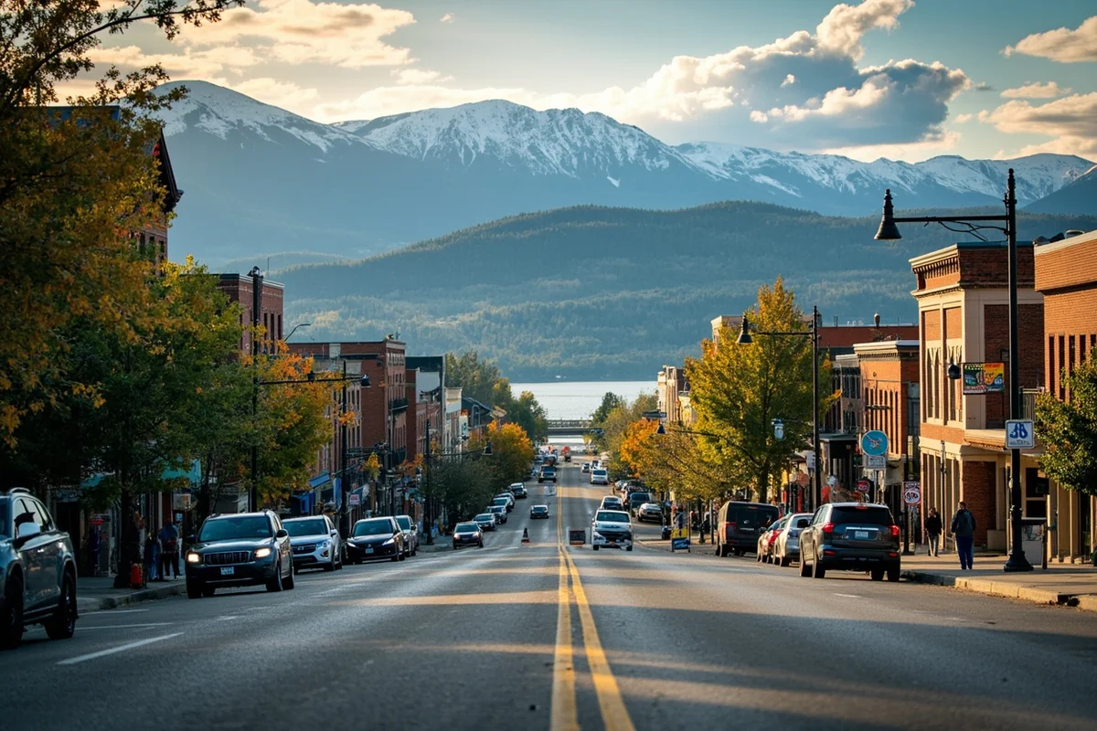 Missoula downtown area with Clark Fork River and Mount Sentinel in background