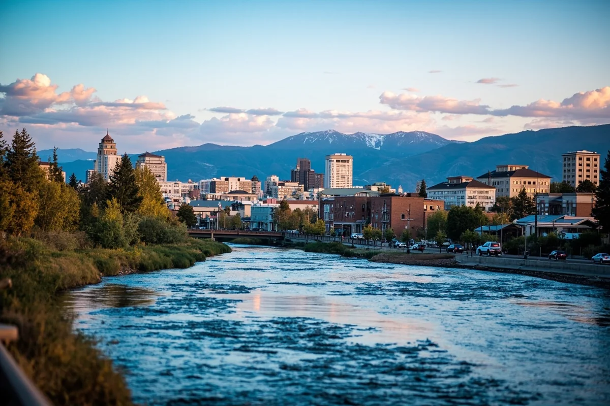 Missoula downtown skyline with the Clark Fork River in the foreground and mountains behind
