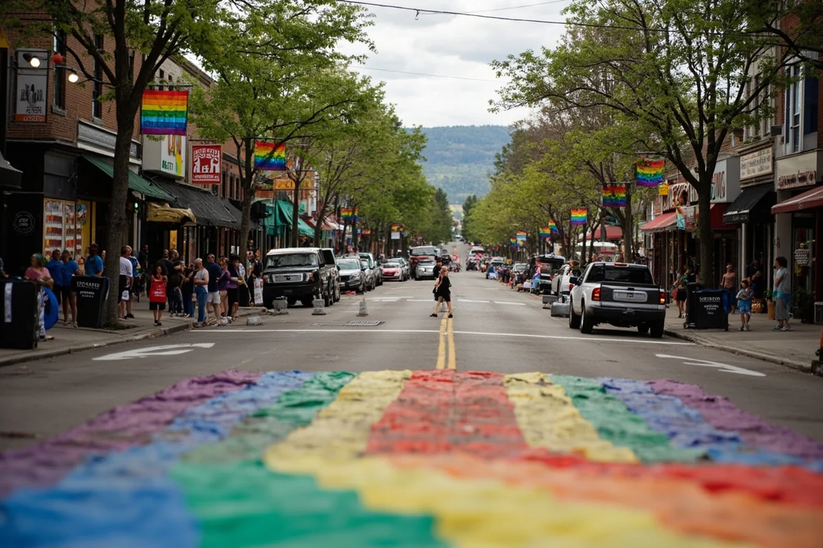 Missoula downtown street during Pride celebration with rainbow decorations and community members