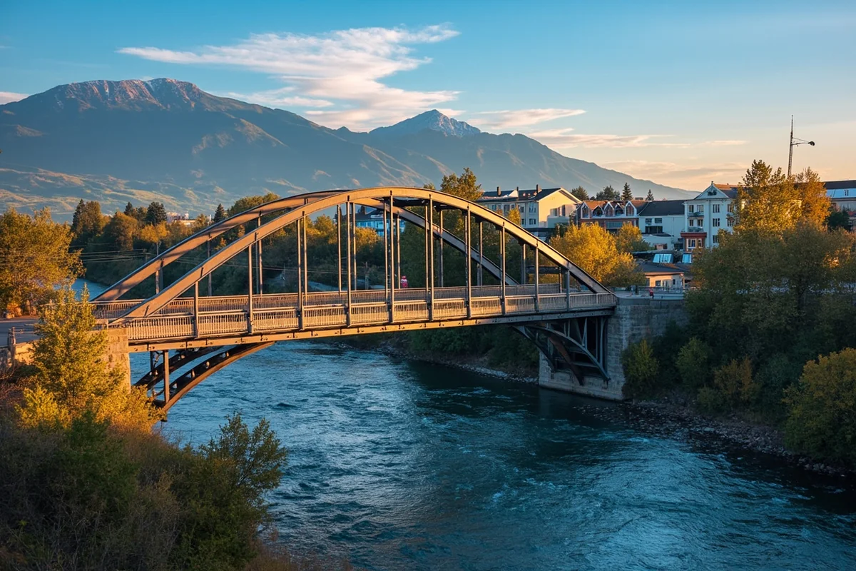 Missoula's Higgins Avenue bridge with Clark Fork River and Mount Sentinel