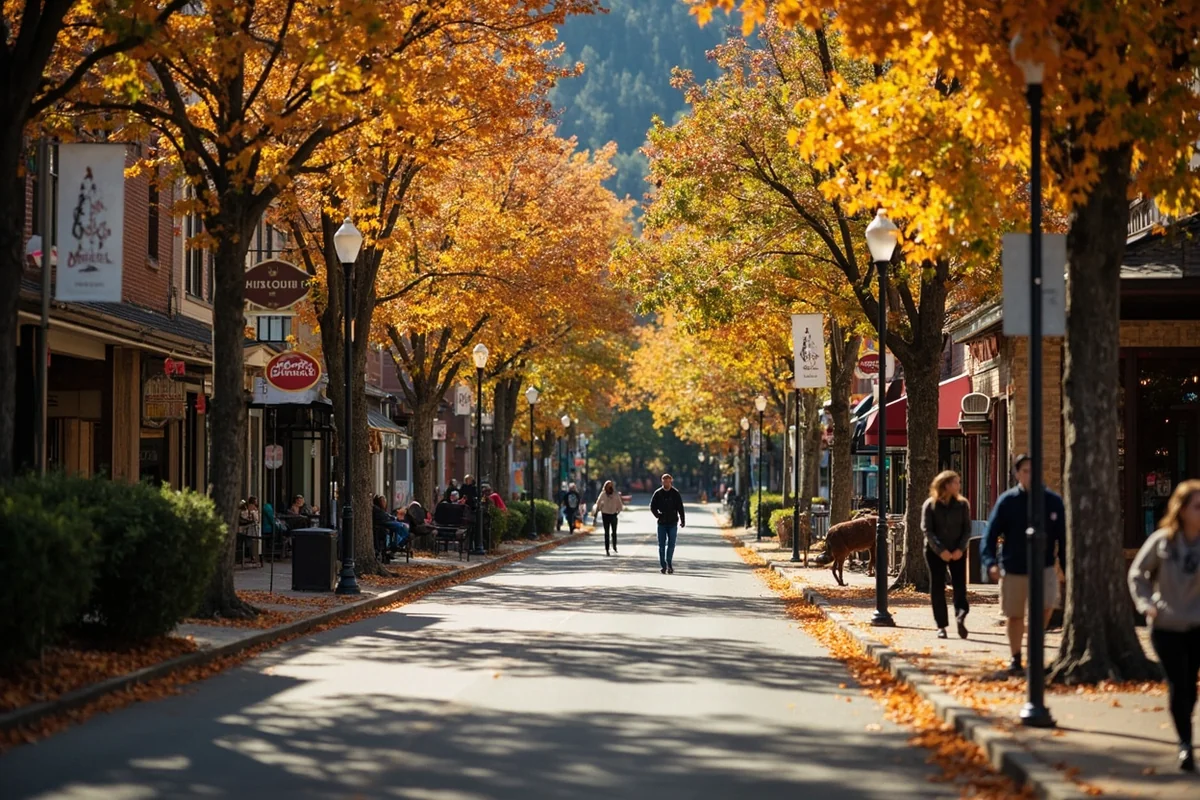 Missoula's Higgins Avenue in autumn with fall foliage and pedestrians walking past shops and restaurants
