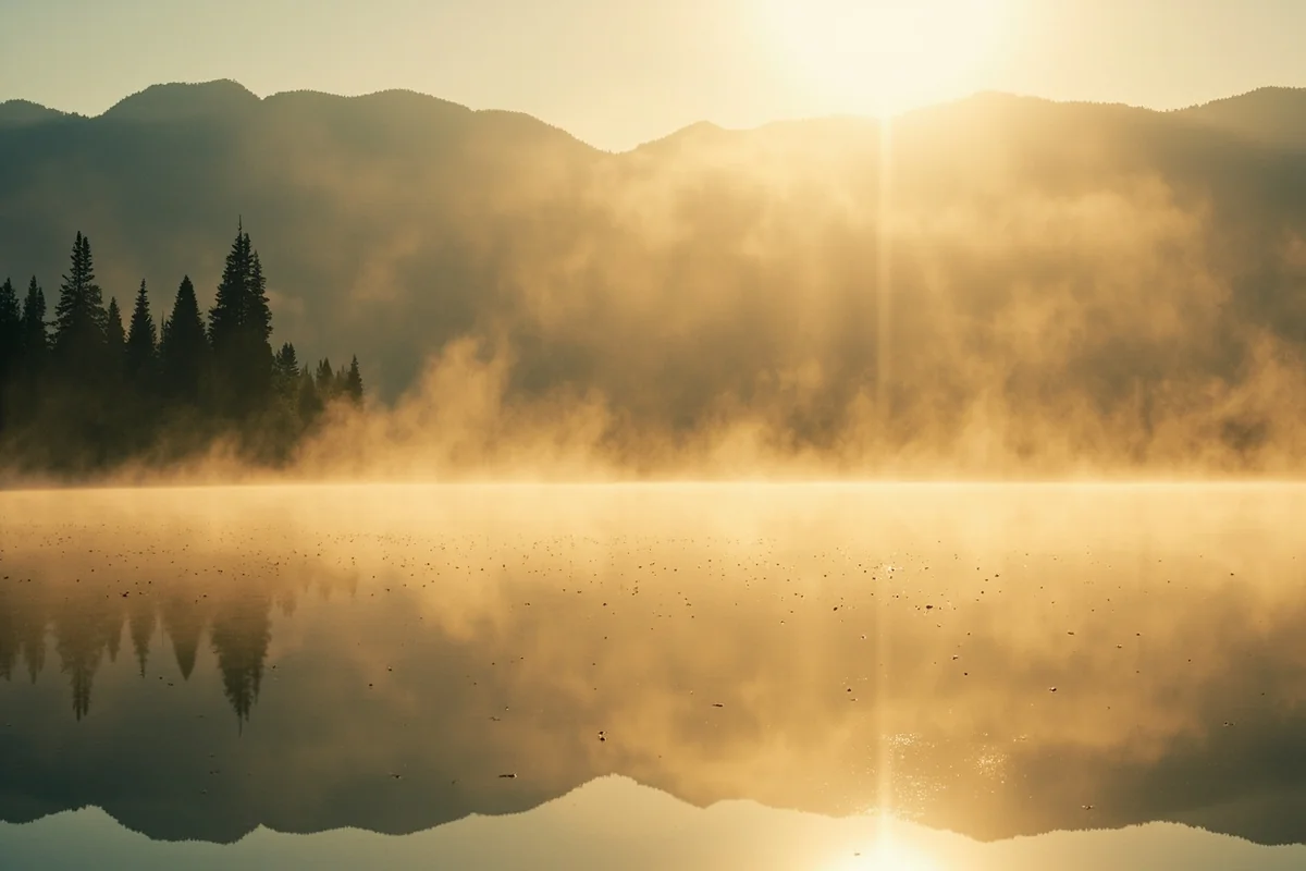 Misty morning at a Montana lake with visible mosquitoes in the golden light