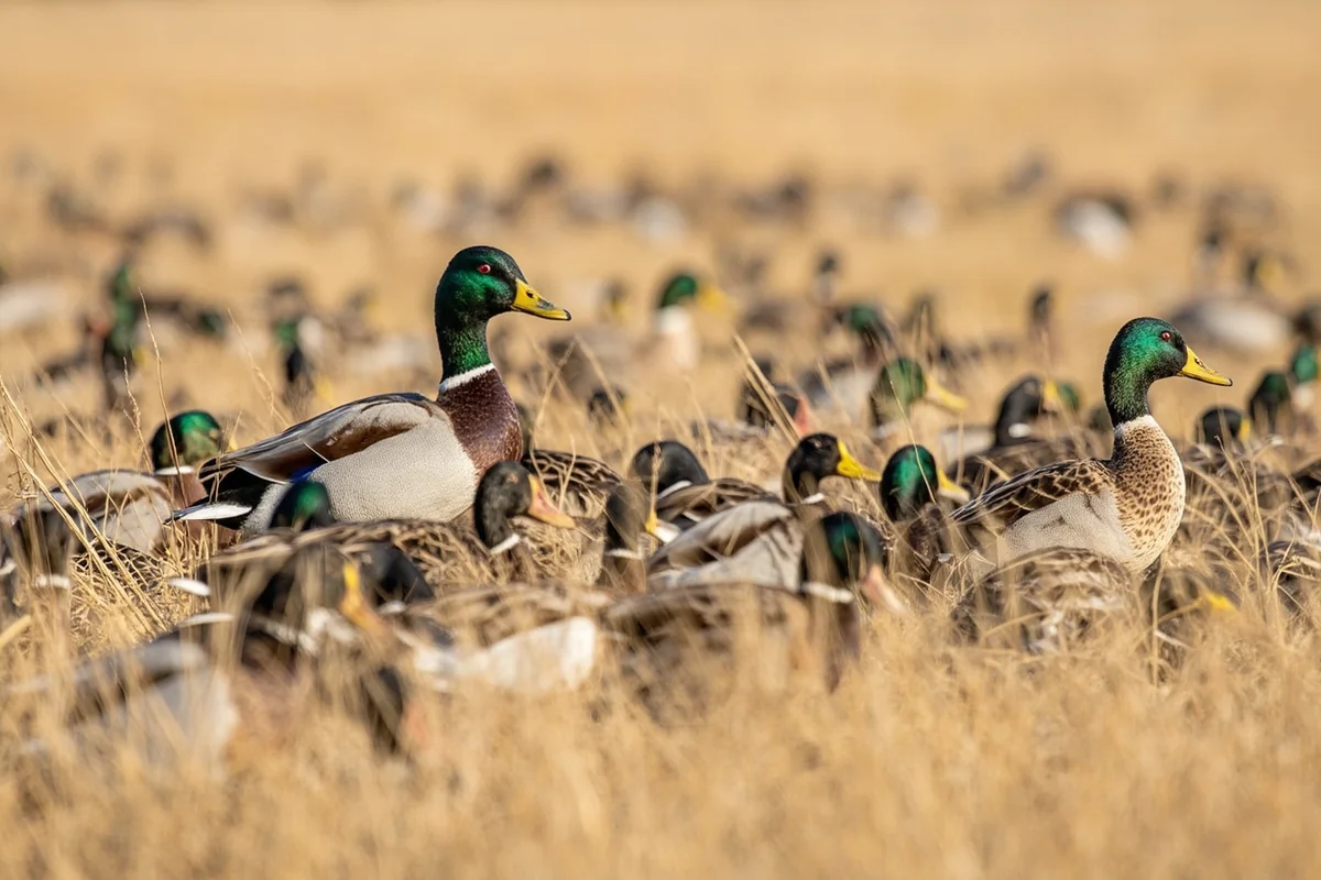 Mixed bag of mallards and pintails on Montana stubble field