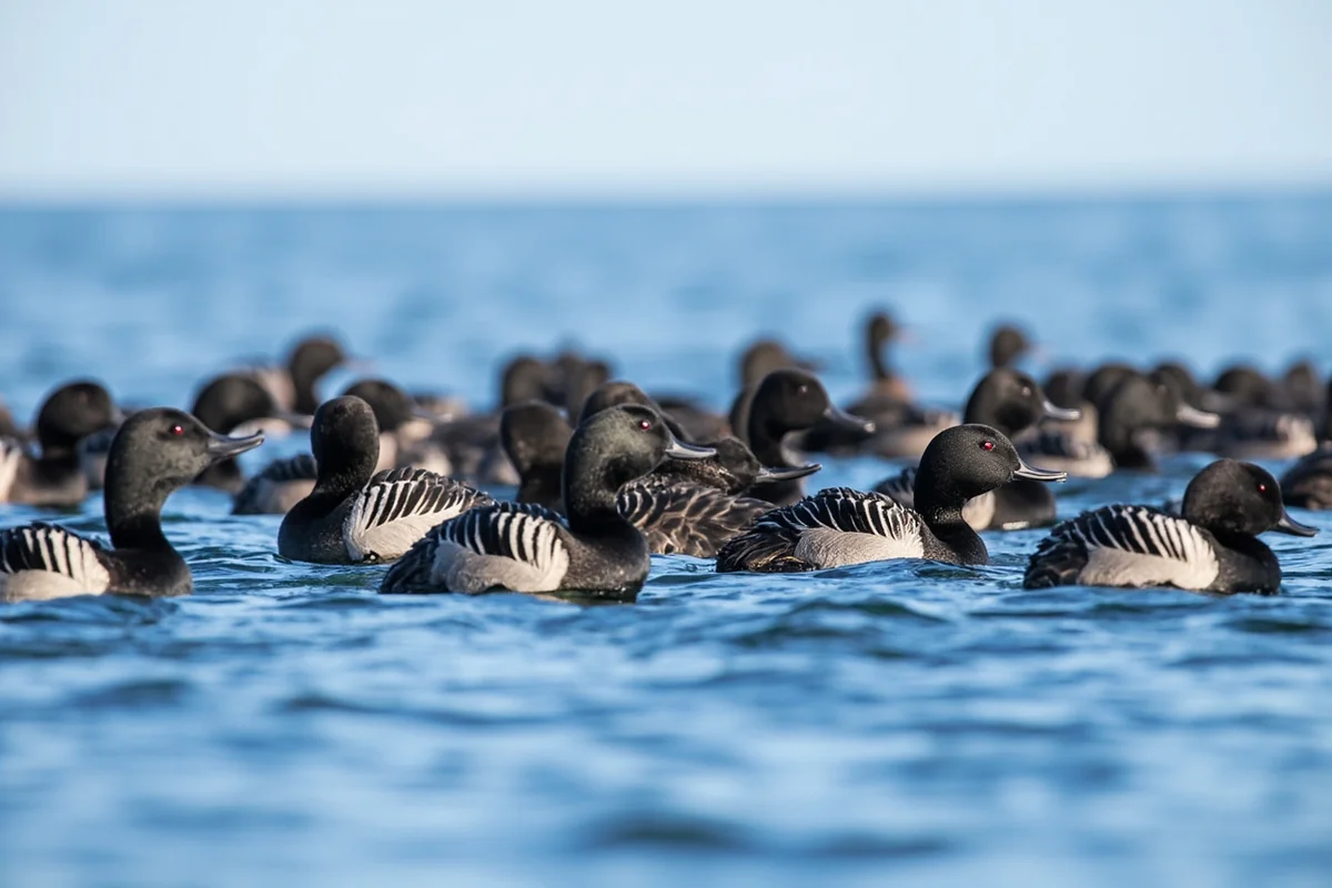 Mixed raft of Greater and Lesser Scaup on open water for comparison