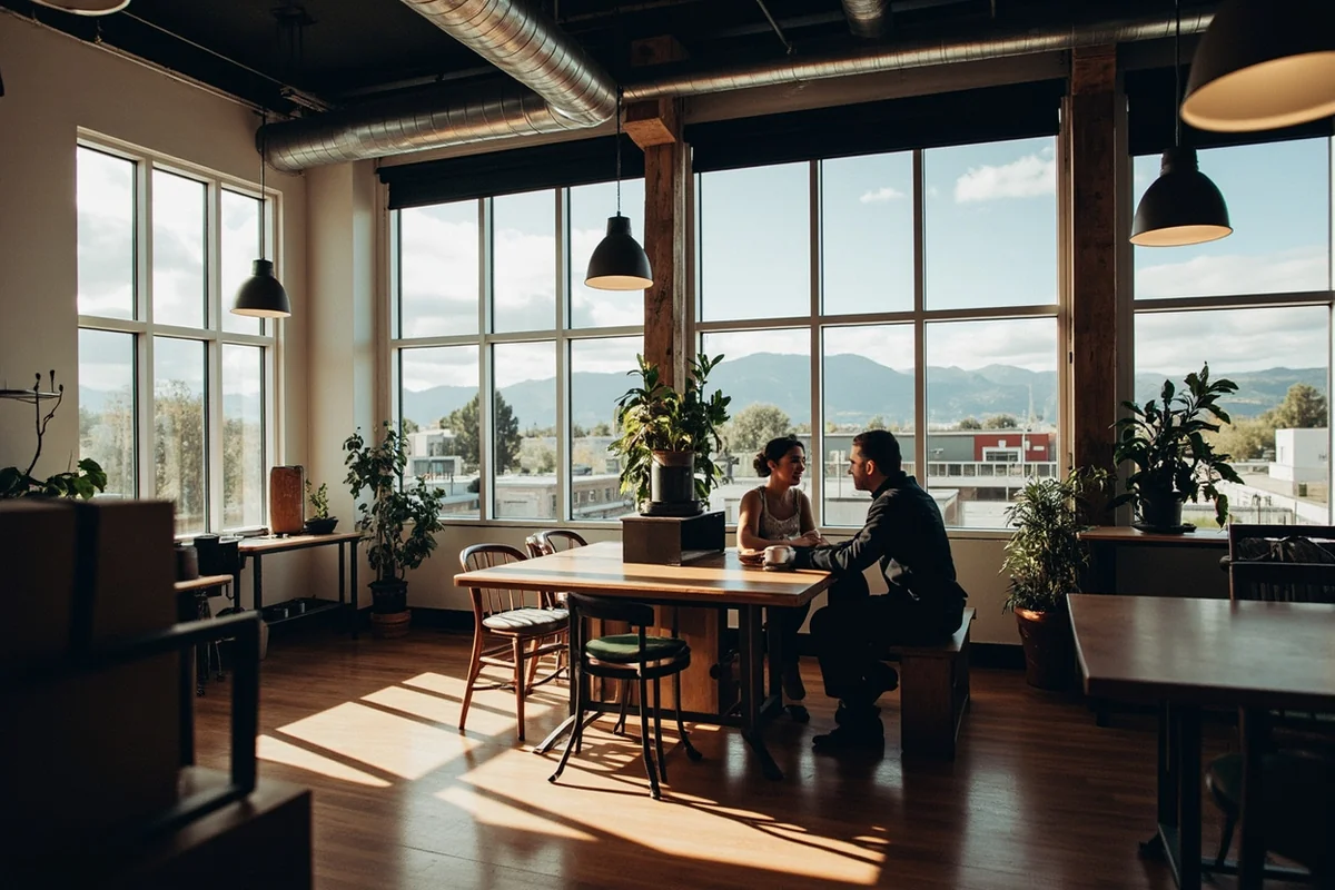 Modern coworking space interior in downtown Missoula with mountain views through windows