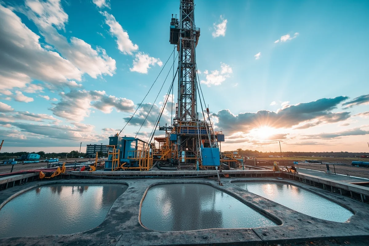 Modern drilling pad with safety equipment and containment systems visible