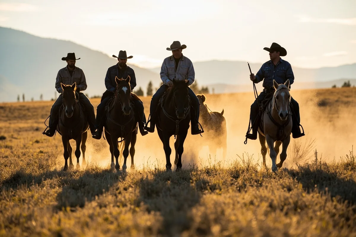 Modern Montana ranch scene showing cowboys on horseback, demonstrating continuity of pioneer ranching traditions