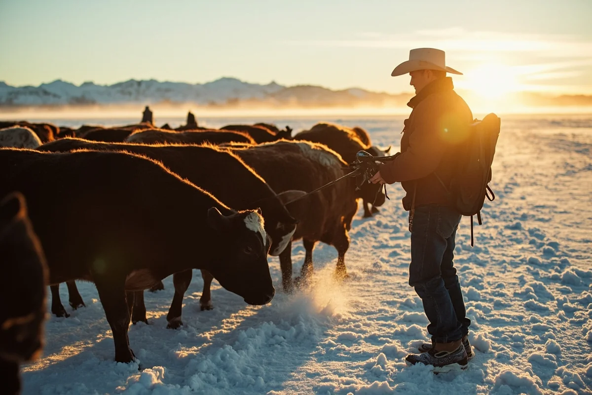 Modern Montana rancher feeding cattle in winter, connecting past to present