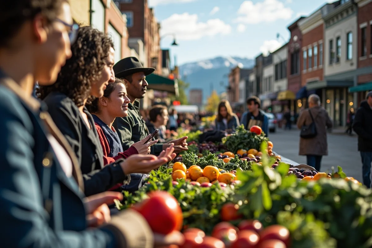 Modern Montana street scene showing community diversity, perhaps a farmers market or community event