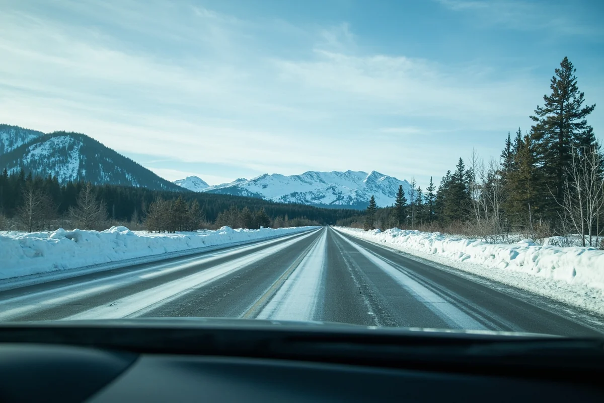 Modern Montana winter driving conditions showing clear road with snow banks and mountain scenery
