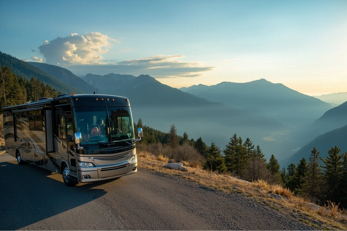 Modern touring coach parked at scenic overlook in Montana mountains