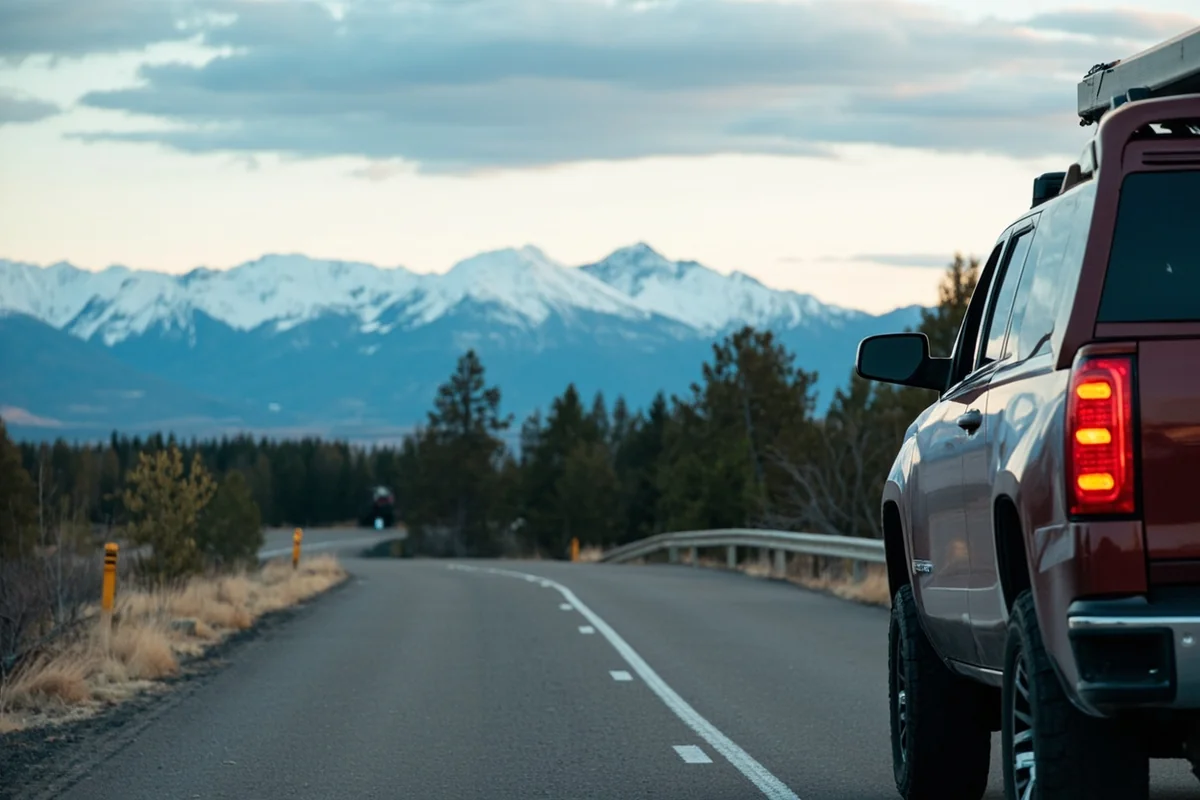 Modern traveler safely pulled over viewing Montana winter mountain panorama